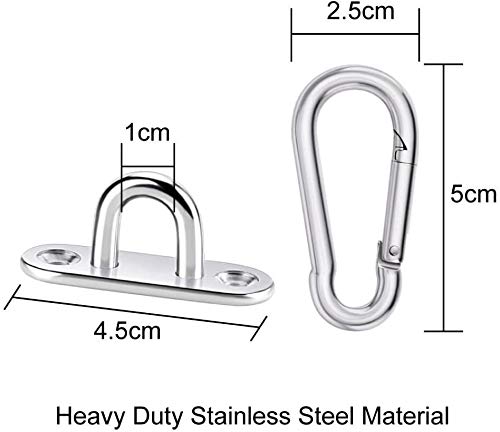 BESTZY Placa de Ojo (4pcs) y Mosquetón (4pcs) - (4,5x1,5cm) Acero Inoxidable Ganchos de Techo (5x2,2cm) con Mosquetón para Cuerda Plataforma,Cámping - Capacidad 40Kg