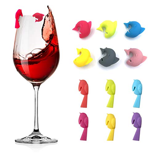 Besylo Marcador de bebidas, Marcadores de vasos de silicon, Marcadores de copa de vino, vino Marcador de silicona para decoraciones de mesa de bar, cena familiar, multicolor, tiburón y pájaro, 12pcs