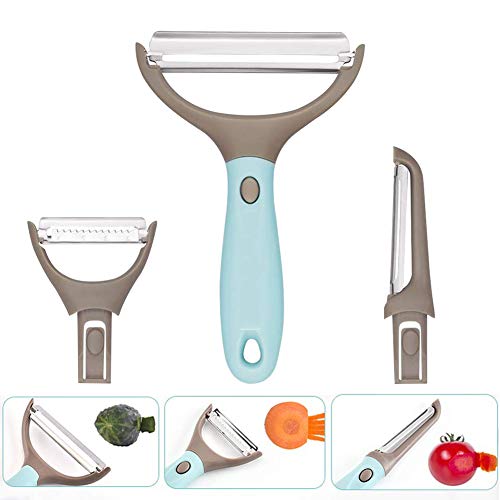 BETOY 3 En 1 Pelador Frutas, Multifunción 3 en 1 Pelador Conjunto 3 en 1 Multifunción y Pelador Profesional Pelador Antideslizante Pelador de Frutas y Verduras para Cocina, Restaurante, Hotel, Azul