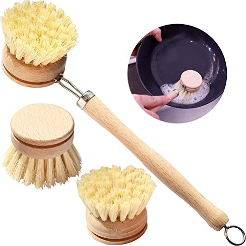 BETOY Cepillo para Platos de Madera–Cepillo con Cabeza de Repuesto y Olla Cepillo en 4 Piezas Set,Cepillo para Lavar Platos Cepillo de Madera vajilla Utensilios Cocina Olla sartén Cepillo Limpieza