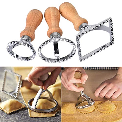 BETOY Cortadores de Raviolis, Juego de cortadores de raviolis Tradicionales,Moldeador de Ravioles con Mango de Madera, Simple y fácil de Usar,Selladores Moldes Ideales para Hacer raviolis Galletas