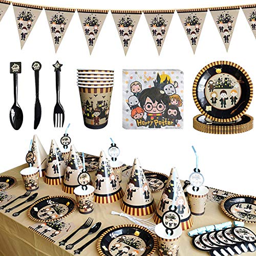 BETOY Fiesta de cumpleaños Wizard 41PCS Harry Potter Vajilla Fiesta Mago Decoración Conjunto de Suministros Mantel Platos Servilletas Pancartas Tazas Utensilios para Niños Cumpleaños Niñas