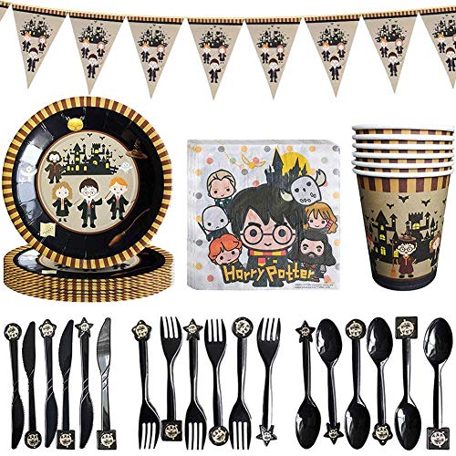 BETOY Fiesta de cumpleaños Wizard 41PCS Harry Potter Vajilla Fiesta Mago Decoración Conjunto de Suministros Mantel Platos Servilletas Pancartas Tazas Utensilios para Niños Cumpleaños Niñas