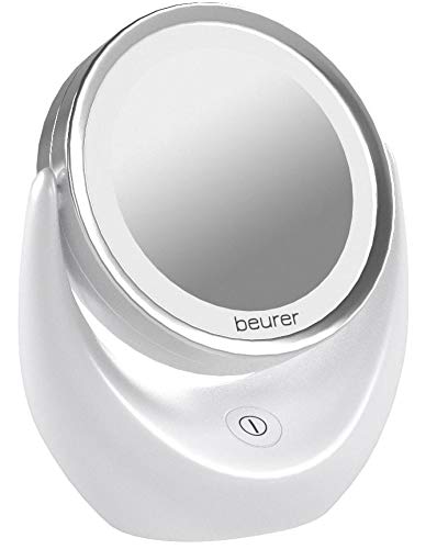 Beurer Bs49 - Espejo Maquillaje con Luz Led Brillante (12 Leds), Espejo Pivotante, 2 Espejos en 1, 1 Cara Vista Normal, Uno con Aumento X 5, 17,5 X 19 X 10 cm, Blanco con Acabados Cromados