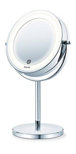 Beurer BS55 - Espejo maquillaje con luz, luz LED brillante (18 LEDs), espejo pivotante, encendido con sensor táctil, 1 cara vista normal, 1 cara visto aumento (x7), acabados cromados