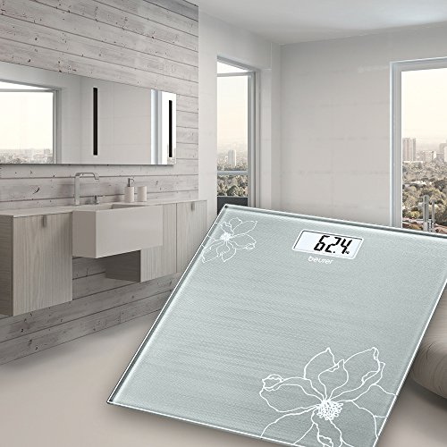 Beurer GS 10 - Báscula de baño de vidrio, báscula extra plana de 1.9 cm, pantalla digital LCD con grandes dígitos (2.6 cm), color grisáceo con detalle de flor con efecto purpurina