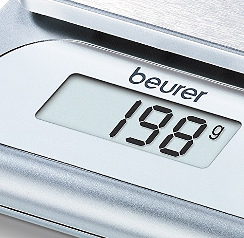 Beurer KS 22 - Balanza de cocina compacta, medición 3 kg/1 gr, Altura nº pantalla 1.5 cm, altura báscula 2.7 cm, función auto tara, plataforma en acero inoxidable