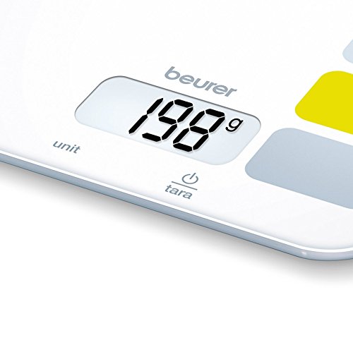 Beurer KS19 - Balanza de Cocina Bon Appetite, medicíón 5 kg, 1 gr, pantalla LCD, botón táctil, vidrio de seguridad, auto tara, apagado automática, aviso sobrecarga, Color Blanco