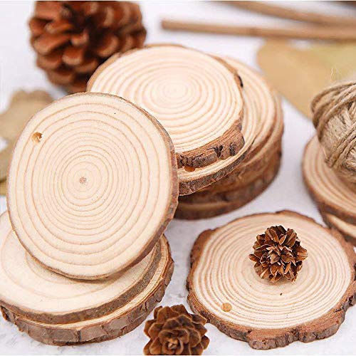 BEYAOBN 30Pcs Rodajas de Madera Natural 6-7 cm Discos de Madera Rebanada Círculos sin acabado Decoracion Navideña con agujero y 10M cuerda para Manualidades