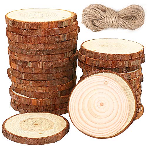 BEYAOBN 30Pcs Rodajas de Madera Natural 6-7 cm Discos de Madera Rebanada Círculos sin acabado Decoracion Navideña con agujero y 10M cuerda para Manualidades