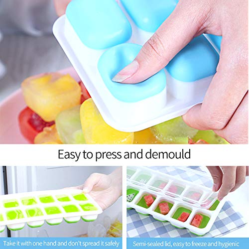 BEYAOBN 4 Pack Bandeja Hielo,Moldes de Silicona con Tapa,sin BPA,Ice Mold para Congelarse Alimentos para Bebés, Agua, Cola, Cócteles, Whisky(Verde y Azul)