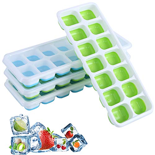 BEYAOBN 4 Pack Bandeja Hielo,Moldes de Silicona con Tapa,sin BPA,Ice Mold para Congelarse Alimentos para Bebés, Agua, Cola, Cócteles, Whisky(Verde y Azul)