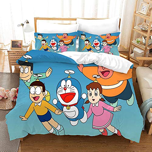 BFSOC Juego de Cama - Doraemon Azul - de 3 Piezas con Funda de Edredón 3D (3 Piezas, Funda Nórdica + 2 Fundas de Almohada),Micro Fibra Super Suave 140 X 200 cm