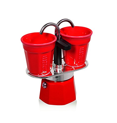 Bialetti Mini Express Set, cafetera de Aluminio 2 Tazas Color Rojo con 2 vasitos para el café Color Rojo