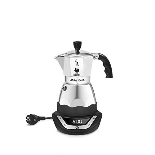 Bialetti Moka Timer- Cafetera, con Timer Incorporado, Negro/Plata, 3 tazas