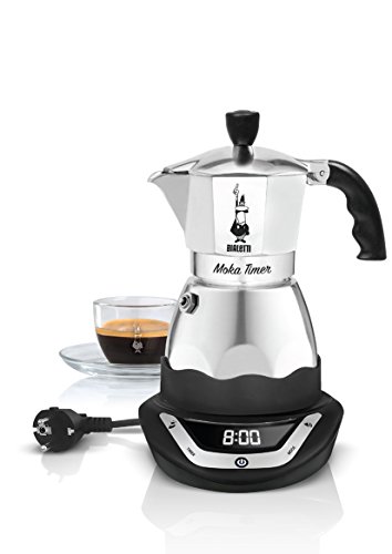 Bialetti Moka Timer, cafetera de aluminio con base eléctrica que se puede programar, 6 tazas