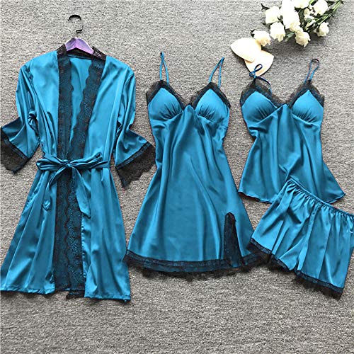 biancheria intima sexyMujeres Lencería sexy Vestidos de bata Payama Conjunto de encaje Floral Kimono Vestido Babydoll Camisón Ropa de dormir Pantalones cortos -Light_blue_S