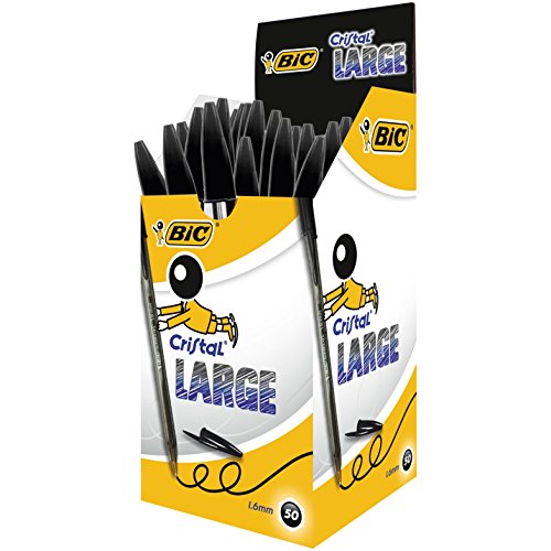 BIC Cristal Large bolígrafos Punta Gruesa (1,6 mm) - Negro, Caja de 50 unidades