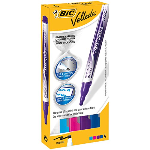 BIC Velleda Pocket rotuladores Punta Ancha - colores Surtidos (Azul/Azul Claro/Rojo/Morado), Caja de 4 unidades