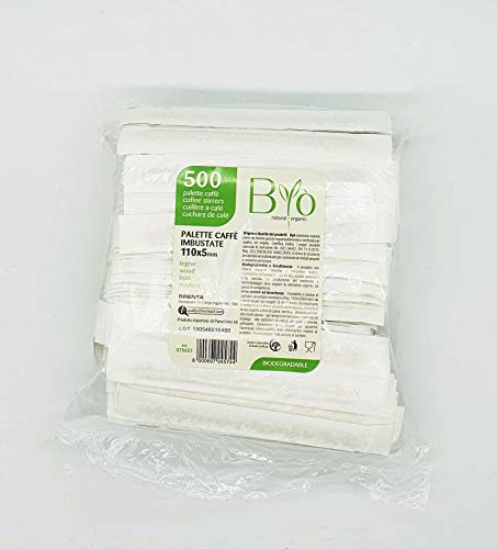 Bio - 500 paletinas de madera ensobradas para café, compostables, 11 x 0,5 cm, desechables, biodegradables, EN13432, con envoltorio