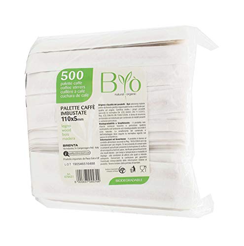 Bio - 500 paletinas de madera ensobradas para café, compostables, 11 x 0,5 cm, desechables, biodegradables, EN13432, con envoltorio