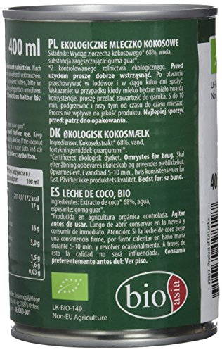 Bioasia Leche de Coco Orgánica, Contenido de Grasa 18% - 12 Latas