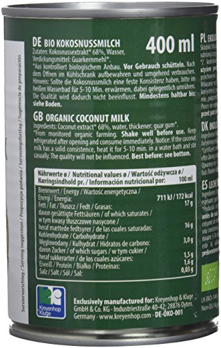 Bioasia Leche de Coco Orgánica, Contenido de Grasa 18% - 12 Latas