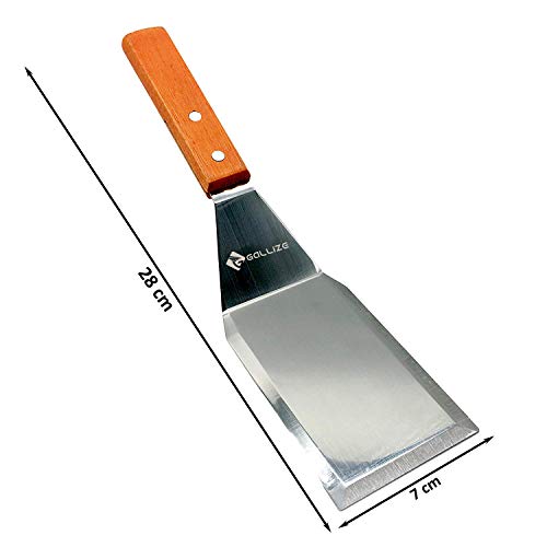 Bioexcel Juego de 5 Espátulas de Plancha de Acero Inoxidable de Metal de Grado Profesional Rascador Chopper Espátula Perforada Para Cocinar Pizza Sartén Para Freír con Asas de Madera Para Asador de Madera Parrilla Plana Superior