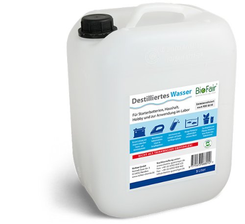 BioFair® Agua desmineralizada (10 litros) de Acuerdo con VDE 0510-1 x 10 l Agua Destilada