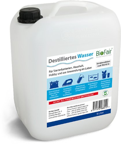 BioFair Agua desmineralizada 25 litros - de Acuerdo con VDE 0510-5 x 5 l Agua Destilada