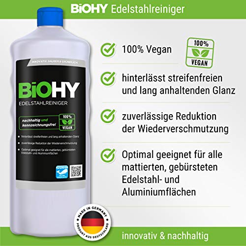 BiOHY Limpiador de acero inoxidable (6 botellas de 1 litro) + Dosificador | para el cuidado de acero inoxidable para un nuevo brillo | Protección contra manchas lubricantes (Edelstahlreiniger)