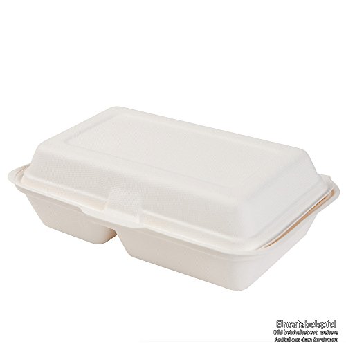 BIOZOYG Cuenco orgánico desechable Biodegradable de bagazo de caña de azúca r650ml I Caja Almuerzo 2 divisiones con Tapa I 500 Cuencos Rectangular para menú 16x24cm Blanco