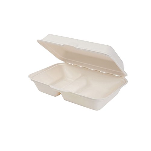 BIOZOYG Cuenco orgánico desechable Biodegradable de bagazo de caña de azúca r650ml I Caja Almuerzo 2 divisiones con Tapa I 500 Cuencos Rectangular para menú 16x24cm Blanco