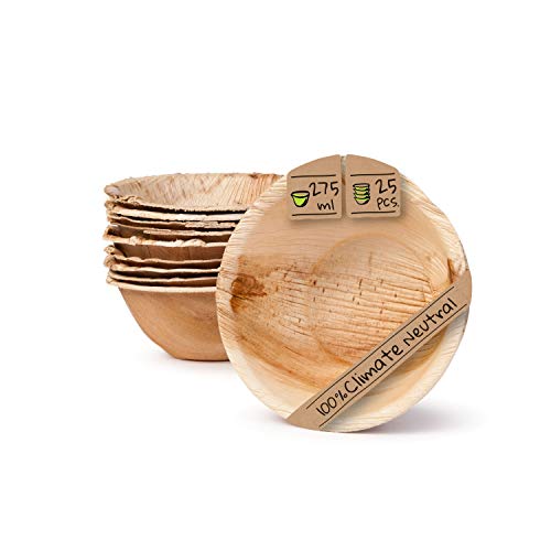 BIOZOYG Palmware - Vajillas Desechables ecológicas Hechas de Hojas de Palma I 25 Piezas oja de Palma tazón Redondo 275ml ø13,5cm I ensaladera tazón - tazón de Sopa - tazón de Aperitivos