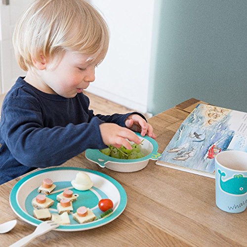 BIOZOYG Set vajilla Infantil de bambú sin bpa 5 Piezas I Motivo Ballena I Servicio de Mesa cubertería para niños Tazón Vaso de Beber Plato para niños I Reciclaje de Material Natural