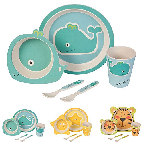 BIOZOYG Set vajilla Infantil de bambú sin bpa 5 Piezas I Motivo Ballena I Servicio de Mesa cubertería para niños Tazón Vaso de Beber Plato para niños I Reciclaje de Material Natural