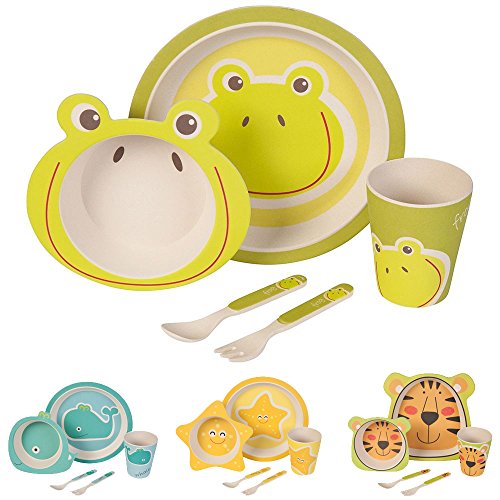 BIOZOYG Set vajilla Infantil de bambú sin bpa 5 Piezas I Motivo Rana I Servicio de Mesa cubertería para niños Tazón Vaso de Beber Plato para niños I Reciclaje de Material Natural