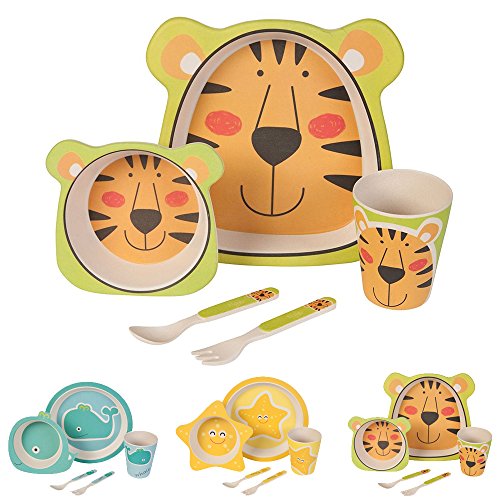 BIOZOYG Set vajilla Infantil de bambú sin bpa 5 Piezas I Motivo Tigre I Servicio de Mesa cubertería para niños Tazón Vaso de Beber Plato para niños I Reciclaje de Material Natural