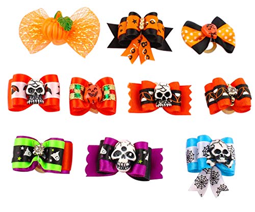 BIPY - Lote de 20 lazos para el pelo de Halloween para mascotas con bandas de goma para perros pequeños, gatos, cachorros, 10 pares de diademas Topknot surtidos de disfraces de aseo de color aleatorio