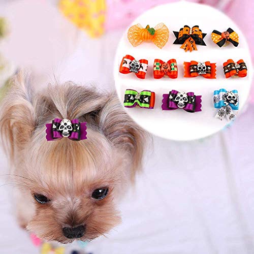 BIPY - Lote de 20 lazos para el pelo de Halloween para mascotas con bandas de goma para perros pequeños, gatos, cachorros, 10 pares de diademas Topknot surtidos de disfraces de aseo de color aleatorio