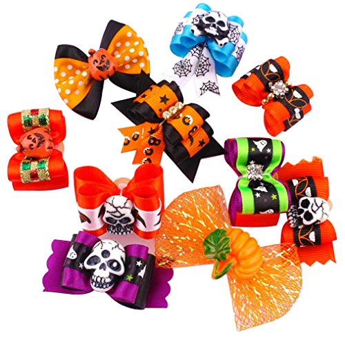 BIPY - Lote de 20 lazos para el pelo de Halloween para mascotas con bandas de goma para perros pequeños, gatos, cachorros, 10 pares de diademas Topknot surtidos de disfraces de aseo de color aleatorio