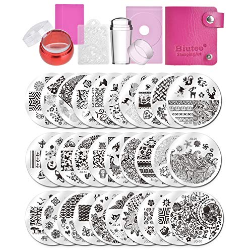 Biutee Nail Art Stamping 30pcs Placas Estampacion Uñas para Manicura +2pcs Sello de Silicona +2 pcs Rascador +1 pcs Bolsa para Placas