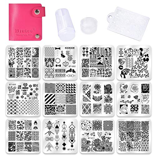 Biutee Placas Estampacion Uñas kit 12pcs Placas Uñas Stamping de Acero Inoxidable con 1 Sello Estampador Uñas 1 Raspador y 1 Bolsita para Guartarlas