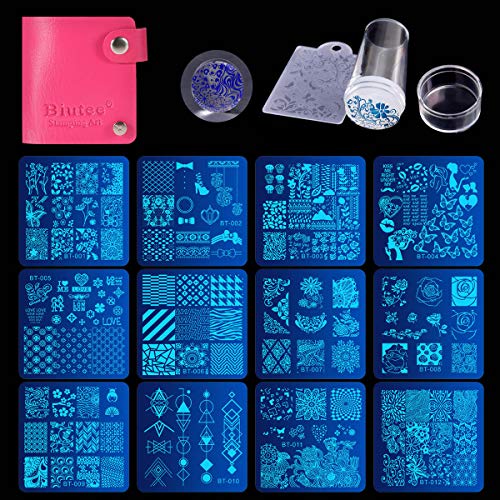 Biutee Placas Estampacion Uñas kit 12pcs Placas Uñas Stamping de Acero Inoxidable con 1 Sello Estampador Uñas 1 Raspador y 1 Bolsita para Guartarlas