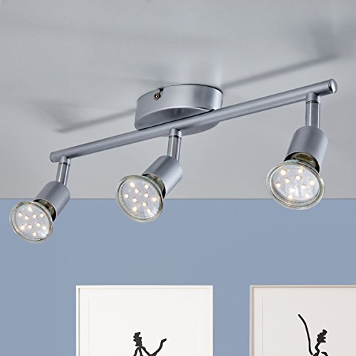 B.K.Licht - Lámpara de techo con 3 Focos LED GU10, focos ajustables y giratorios para interiores, de luz blanca cálida, 3W y 250 lúmenes, 3000K, forma recta en barra, color plata