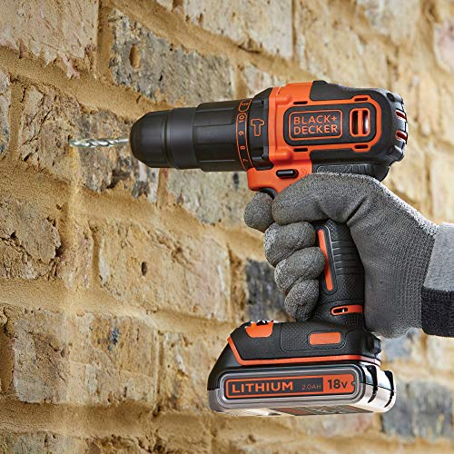 BLACK+DECKER BCK24D2S-QW - Taladro Percutor 18V (21.000 ipm) y amoladora 125 mm 18V, con 2 baterías litio 2Ah y bolsa de transporte