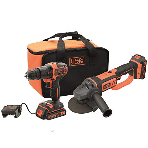 BLACK+DECKER BCK24D2S-QW - Taladro Percutor 18V (21.000 ipm) y amoladora 125 mm 18V, con 2 baterías litio 2Ah y bolsa de transporte