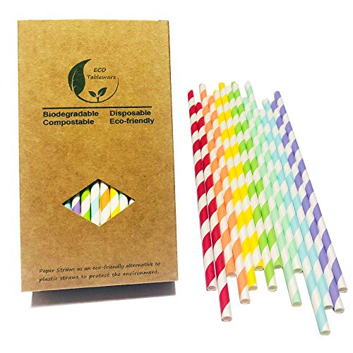 Blanco y rojo/naranja/amarillo/verde/azul/azul/púrpura rayas mezcla colores 7 arco iris cóctel fiesta de papel potable, artículos de fiesta decorados y accesorios de fiesta para beber pajitas de papel