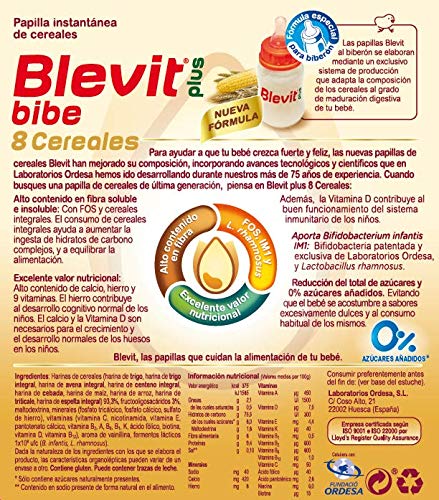 Blevit Plus 8 Cereales Para Biberón, 1 unidad 600 gr. A partir de los 5 meses.