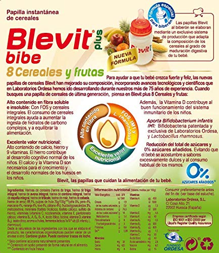 Blevit Plus Papilla 8 Cereales y Fruta Para Biberón, 1 unidad 600 gr. A partir de los 5 meses.